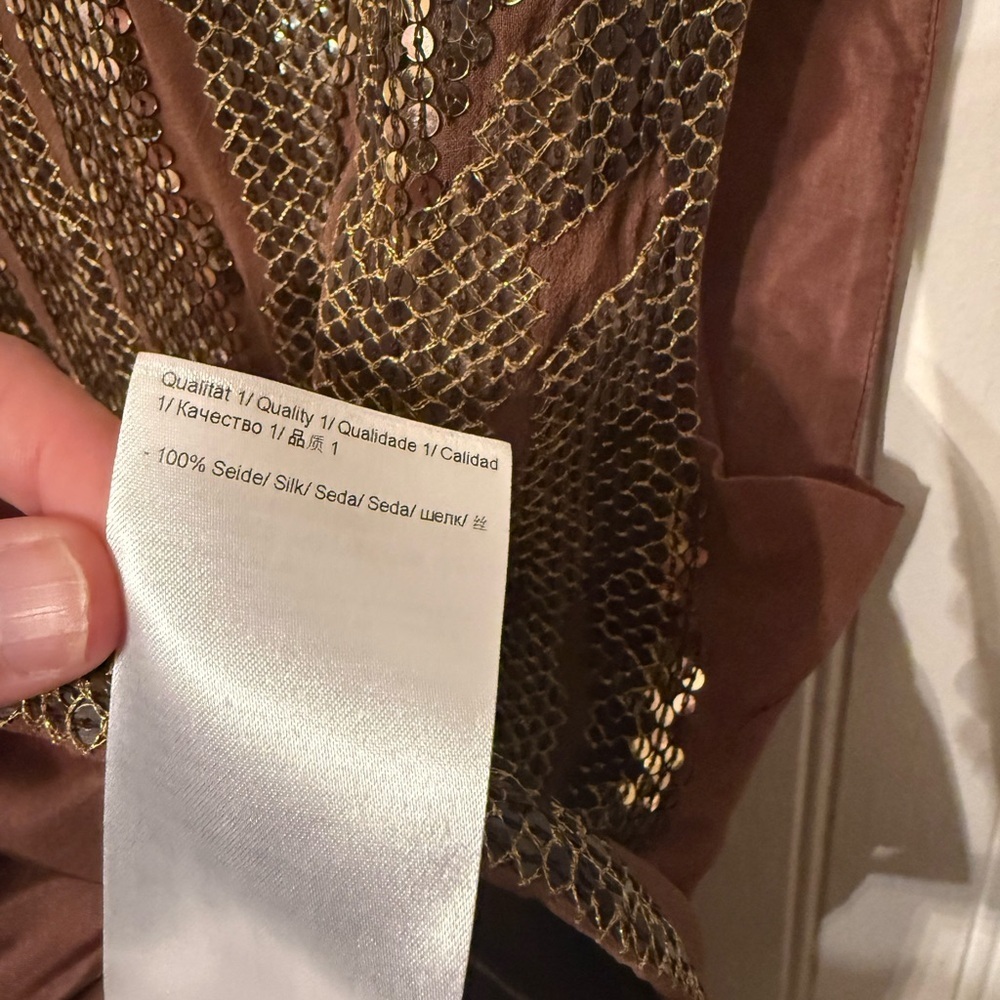 Escada 100% Silk Brown and Gold Sequin Blouse - Picture 4 of 6